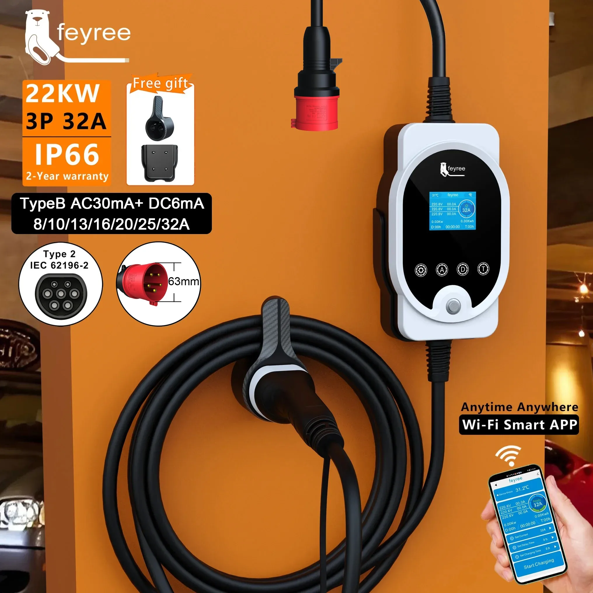 Ev Charger Type 2 22Kw 32A 3 Phase - Feyree 22KW Kabel Typu 2 EVSE
