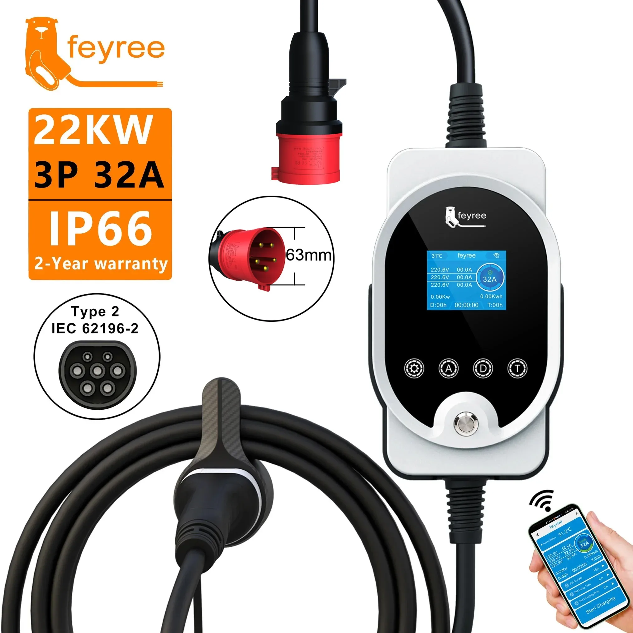 Feyree 22KW Kabel Typu 2 EVSE  – Ev Charger Type 2 22Kw 32A 3 Phase recenzja i cena
